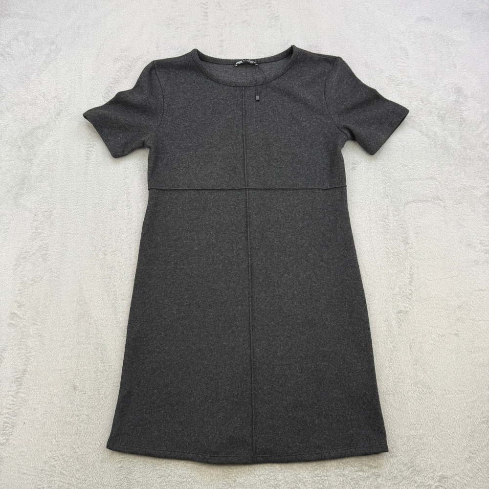 Zara Knit Mini Dress Womens Medium Charcoal Grey Short Sleeve Seam Detail Soft